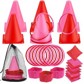 33pcs 4 in 1 Valentines Day Games for Kids with Ring Toss, Soft Plastic Cones, Bean Bags, 3-Legged Race Bands, Valentines Games Combo Set for Kids Classroom Indoor Outdoor Party Yard Games Supplies