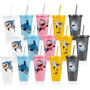 15 Pcs Shark Party Favor Ocean Shark Party Cups with Lid Straw 24 oz Plastic Drink Cups Reusable Bulk Shark Tumblers for Ocean Animal Theme Party Supplies Birthday Party Gifts