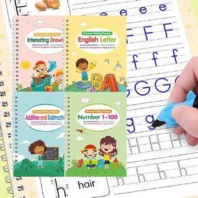Magic Grooved Handwriting Book Practice,Practice Copybook,Handwriting Practice Copybook,Reusable Practice Book for Preschool Age 3-8 Numbers Drawing Tracing Books (4 Books with Pens)