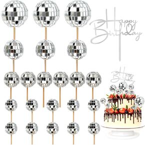 23pcs Disco Ball Cupcake toppers Happy Birthday Cake Topper 1970s Disco Ball Cake Picks Theme Cake Decor for Disco Theme Party Favor