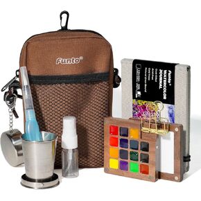 Funto Mini Watercolor Paint Set, Walnut Wood 15-Color Travel Paint Kit, with Crossbody Bag, Watercolor Journal, Metal Clip, Pocket Set for Artists