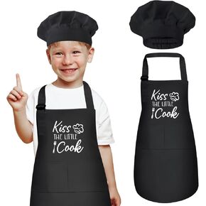 Kids Apron and Chef Hat Set, “Kiss The Little Cook" Apron Adjustable Child Apron Chef Training Funny Apron
