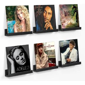 ELITEROO Record Holder Wall Mount Set of 6, 12 in Floating Shelves for Vinyl Records, Wood Record Shelf Display for CDs, Album, Art Works Storage, Daily LP Listening in Office Home, Gray