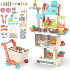 deAO Kids Shopping Cart Kitchen Toy,2 in1 Kitchen Playset Toddler Pretend Play with Play Food,PlayPots,Pans, for Ages 3+