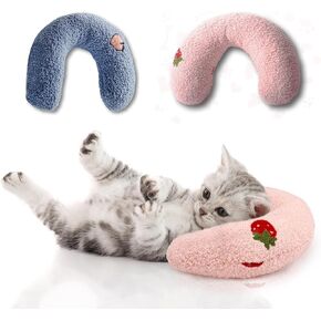 U-Shaped Calming Pillow for Cats and Dogs - Super Soft Plush Fabric, Cozy Headrest, Neck Support for Deep Sleep, Kitten Headrest, Pet Bed (Blue+Pink)
