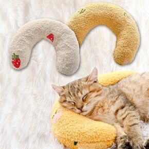 U-Shaped Calming Pillow for Cats and Dogs - Super Soft Plush Fabric, Cozy Headrest, Neck Support for Deep Sleep, Kitten Headrest, Pet Bed (White+Yellow)