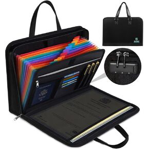 Portable Fireproof Important Document Organizer Binder with Lock for A4 Size, 13-Pocket Expanding File Folder with Zipper for Personal Document Storage, Business, and Estate Planning