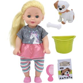 New Adventures Lil Tots: 14" Talking Pet Grooming Playset - Doll, Pink-Grey-Green-Unicorn, Says 6 Phrases, Puppy W/Care Accessories, Kids Ages 3+