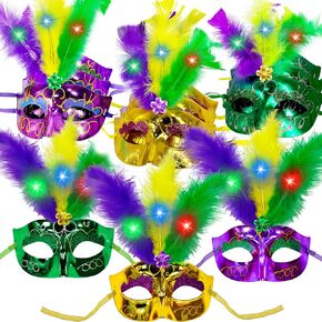 12 Pack Mardi Gras LED Masks with Gold Green Purple Feathers Light Up Mask for Men Women Kids, Carnivals Masquerade Mardi Gras Costumes Accessories Party Favors Supplies