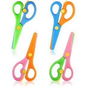 4 Pcs Plastic Safety Scissors, Dual-Colour Preschool Training Scissors, Children Safety Learning Scissors Spring Scissors for Toddler Arts and Paper Craft Supplies