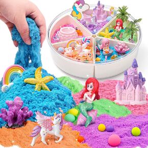 G.C Unicorn Mermaid Sensory Bin for Girl Kid, Magnetic Play Sand Kit, Sandbox with 5 Compartments/Sensory Sand/Castle Molds, Sensory Toy Christmas Birthday Gift for Girl Toddler Ages 3 4 5 6 7 8