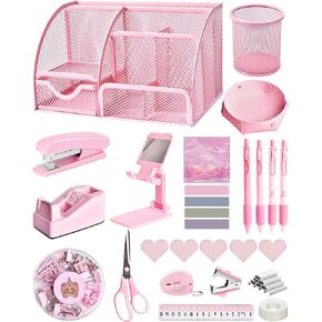 Pink Desk Accessories, 24Pcs Pink Office Supplies and Desk Organizers, with Tape Dispenser, Stapler, Staple Remover, Ect, Fill Your Desktop with Lovely Pastel Colors