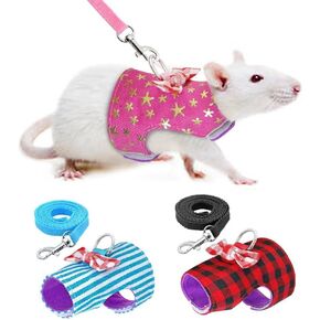 Small Pet Outdoor Walking Harness Vest and Leash Set with Cute Bowknot Decor Chest Strap Harness for Rat Ferret Squirrel Hamster Clothes Accessory, Pink Star