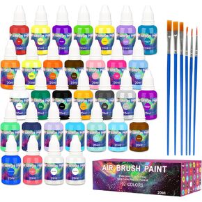 Airbrush Paint - 30 Colors with 2 Thinner + 6 Air Brushes, Ready to Spray Airbrush Paint Set, Water-Based Acrylic Air Brush Paints for Metal, Plastic Models, Canvas, Wood