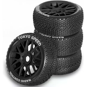 1/8 RC Buggy Tires and Wheels Rims 17mm Hex All Terrain Rubber Tyres for 1:8 Scale Off-Road Truck Car Arrma Typhon 6S 3S Talion 6S Losi 8ight HPI Vorza Flux Kyosho Hobao 4PCS (Black)