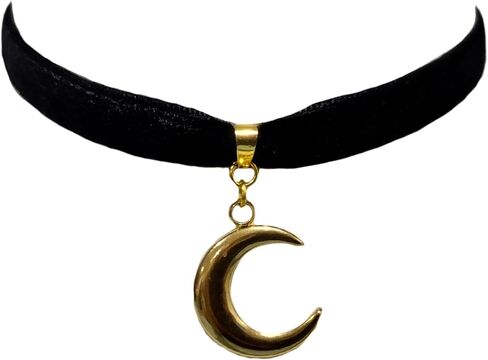 Moonlight Black Velvet Choker Necklace with Gold Tone Crescent Moon Pendant Charm Witchy Wiccan Handmade Jewelry Goth Gothic Accessory Gift for Her Alternative Rocker in Saudi Arabia