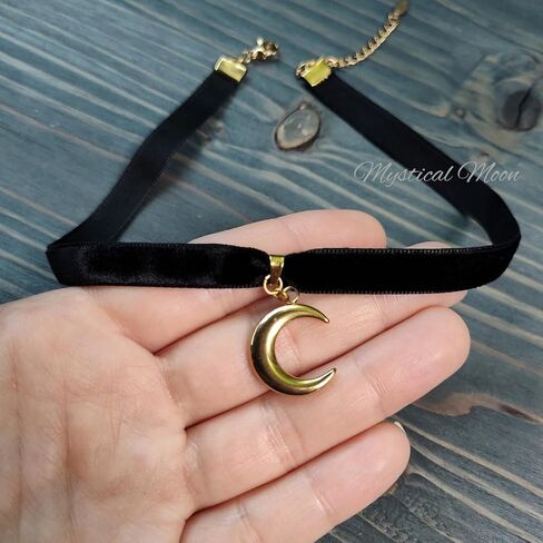Moonlight Black Velvet Choker Necklace with Gold Tone Crescent Moon Pendant Charm Witchy Wiccan Handmade Jewelry Goth Gothic Accessory Gift for Her Alternative Rocker in Saudi Arabia