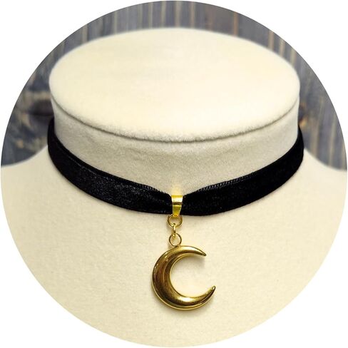 Moonlight Black Velvet Choker Necklace with Gold Tone Crescent Moon Pendant Charm Witchy Wiccan Handmade Jewelry Goth Gothic Accessory Gift for Her Alternative Rocker in Saudi Arabia