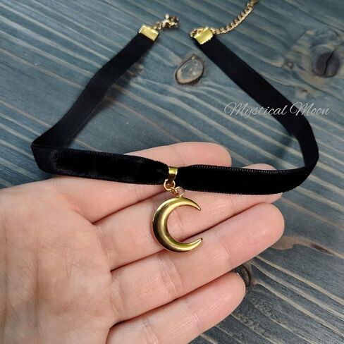 Moonlight Black Velvet Choker Necklace with Gold Tone Crescent Moon Pendant Charm Witchy Wiccan Handmade Jewelry Goth Gothic Accessory Gift for Her Alternative Rocker in Saudi Arabia