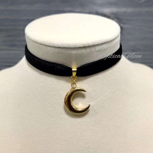 Moonlight Black Velvet Choker Necklace with Gold Tone Crescent Moon Pendant Charm Witchy Wiccan Handmade Jewelry Goth Gothic Accessory Gift for Her Alternative Rocker in Saudi Arabia