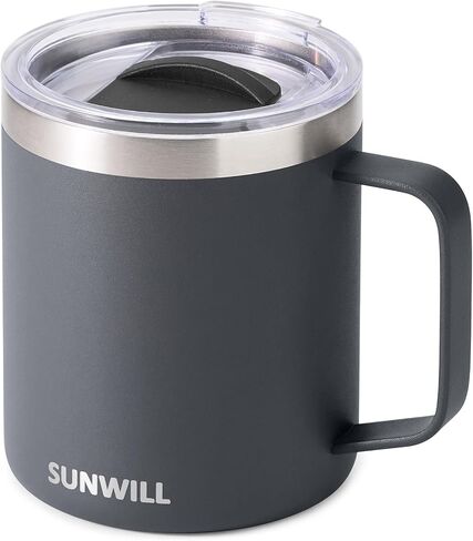 SUNWILL Travel Coffee Mug with Lid, Insulated Tumbler with Handle, 14 oz Stainless Steel Cup Set of 2 for Camping, Outdoor, Cool Grey & Rose Gold 2 Pack in Kuwait