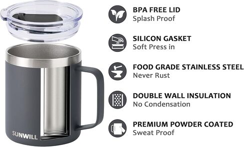SUNWILL Travel Coffee Mug with Lid, Insulated Tumbler with Handle, 14 oz Stainless Steel Cup Set of 2 for Camping, Outdoor, Cool Grey & Rose Gold 2 Pack in Kuwait