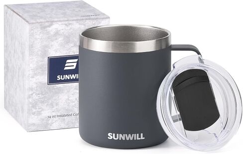 SUNWILL Travel Coffee Mug with Lid, Insulated Tumbler with Handle, 14 oz Stainless Steel Cup Set of 2 for Camping, Outdoor, Cool Grey & Rose Gold 2 Pack in Kuwait