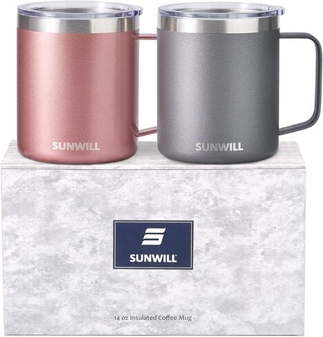 SUNWILL Travel Coffee Mug with Lid, Insulated Tumbler with Handle, 14 oz Stainless Steel Cup Set of 2 for Camping, Outdoor, Cool Grey & Rose Gold 2 Pack in Kuwait