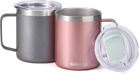 SUNWILL Travel Coffee Mug with Lid, Insulated Tumbler with Handle, 14 oz Stainless Steel Cup Set of 2 for Camping, Outdoor, Cool Grey & Rose Gold 2 Pack in Kuwait