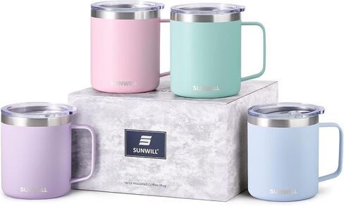 SUNWILL Travel Coffee Mug with Lid, Insulated Tumbler with Handle, 14 oz Stainless Steel Cup Set of 2 for Camping, Outdoor, Cool Grey & Rose Gold 2 Pack in Kuwait