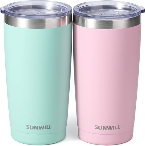 SUNWILL Travel Coffee Mug with Lid, 20 oz Tumbler Set of 2, Insulated Stainless Steel Cup for Water, Tea, Powder Coated Sakura & Mint in Saudi Arabia