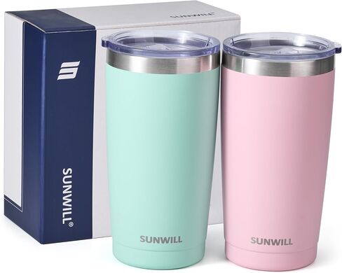 SUNWILL Travel Coffee Mug with Lid, 20 oz Tumbler Set of 2, Insulated Stainless Steel Cup for Water, Tea, Powder Coated Sakura & Mint in Saudi Arabia