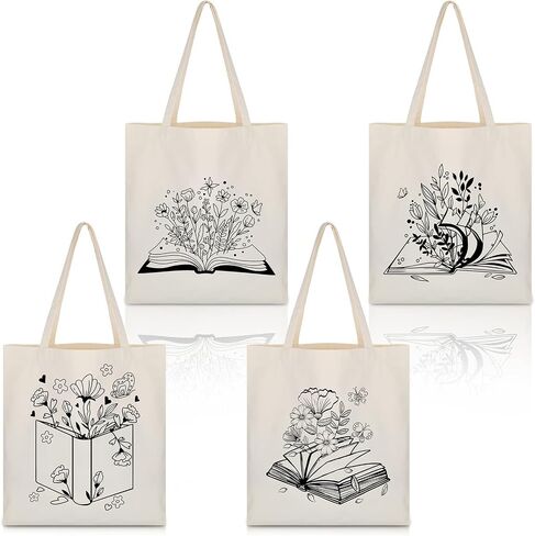 Oudain 4 PCS Floral Canvas Bags Bags Cute Tote Bag for Women Book Space Flower in Kuwait