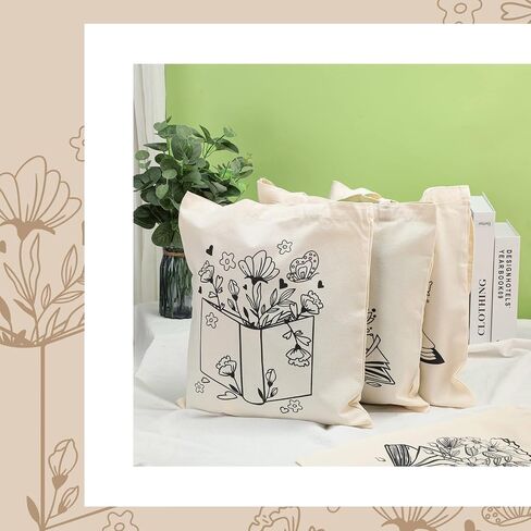 Oudain 4 PCS Floral Canvas Bags Bags Cute Tote Bag for Women Book Space Flower in Kuwait