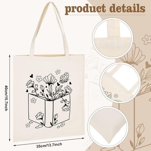 Oudain 4 PCS Floral Canvas Bags Bags Cute Tote Bag for Women Book Space Flower in Kuwait