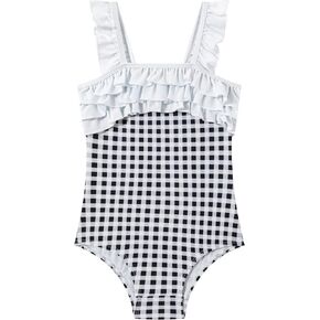 LIZENS Girls One Piece Swimwear with Ruffles in Checkered Bright Colors Bathing Suit for Kids