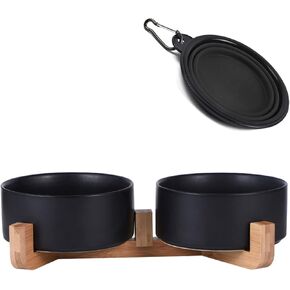 Petygooing Ceramic Dog Bowl Set with Stand,Black Cat Dog Food and Water Bowl,Small Dog Bowls - Anti -Slip Set of 2 Cat Dog Bowls-Dog Food Bowls- Dog Bowls Small Size Dog (13.5OZ/5.1 in)
