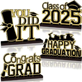 4Pcs Black and Gold Graduation Decorations Class of 2025 Congrats Grad Wooden Table Centerpieces Grad Table Toppers Congratulate Tiered Tray Decor for 2025 Graduation Decorations