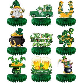 9PCS St Patricks Day Decorations Honeycomb Centerpiece, St Patricks Day Table Decorations Shamrock Decorations Double-Sided Printing Saint Patricks Day Decorations for Home Decor Green Irish Lucky Day