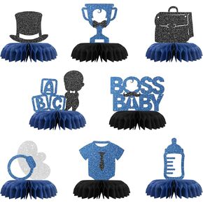 Maicaiffe Boss Boy Table Honeycomb Centerpieces Decorations - Glitter 8 Pcs Boy Baby Shower Party Table Toppers Decor - Gender Reveal - Boy 1st Birthday Party Decoration Supplies