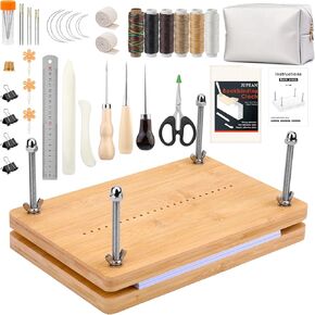 JUPEAN Book Binding Kit, Book Making Kit, Book Binding Punching Guide Set, 11.81"x7.56" Hole Punching Book Press Book Binding Materials with Book Cover Bone Folder Awl Binding Strap for Book DIY