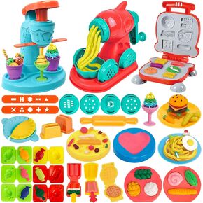 3 in 1 Color Dough Sets for Kids Ages 2-4-8, Dough Tools Accessories Kit, Ice Cream Playset Noodle Hamburger Maker, Pretend Play Kitchen Creations Food Toys Dough for Toddlers Girl Boy