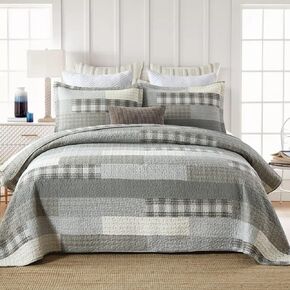 Finlonte King Size Quilt, Cotton King Quilt Bedding Set, Grey(Gray) Patchwork Plaid Bed Quilts King Size, Lightweight Reversible Soft King Size Bedspreads, 3 Pieces