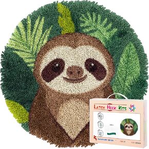 Latch Hook Rug Kit Cute Sloth Stamped Handmade Round Shape Carpet Crochet Yarn Craft DIY Hook and Latch Door Mat Tapestry for Christmas Home Floor Decor 50x50cm(1)