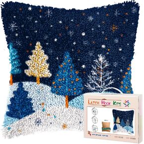 DIY Latch Hook Pillow Kits for Adults Merry Christmas Winter Snow Pine Tree Pillow Cover Printed Pillowcase Crochet Yarns Hooking Handmade Cushion for Home Sofa Decoration 17x17inch(5)