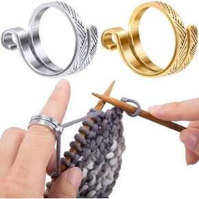Isslly 2PCS Finger Crochet Tension Rings, Adjustable Metal Knitting Crochet Loop Ring, Open Yarn Guide Ring Thimble Finger Holders Accessories for Knitting, Crocheting - Gold, Silver