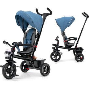 BABY JOY Tricycle, 5 in 1 Toddler Bike W/Removable Push Handle, Reversible Seat, EVA Wheel, Adjustable Canopy, Cup Holder & Storage, Ideal for Kids 1.5-5 Years Old, Tricycle for Toddler (Blue)
