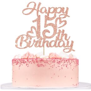 Rose Gold Glitter Happy 15th Birthday Cake Topper - Hello 15, Cheers to 15 Years, 15 & Fabulous, 15th Birthday/Anniversary Party Decorations