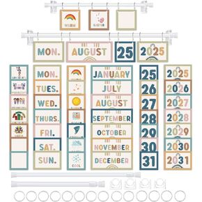 96pcs Boho Classroom Bulletin Board Set للمعلمين ، تقويم Boho Flip الحديث مع حامل للزخرفة المدرسية ، التقويم القابل للتعديل ، لوازم ديكور المنزل الابتدائية