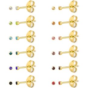 12 Pairs Surgical Stainless Steel Cubic Zirconia Birthstone Stud Earrings, Gold Plated Heart Star Round Multicolors Stud Earrings Set for Women